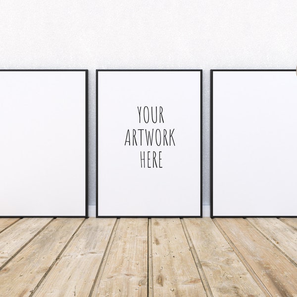 A4 A3 A2 A1 Set of Three, Portrait Black Frame Mockup for Your Artwork, Set of 3, Stock Digital Art, PSD + PNG + JPG