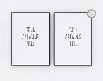 May include: Two black framed square picture frames with white mats hanging on a white wall. The text "YOUR ARTWORK HERE" is printed in black on the white mats.
