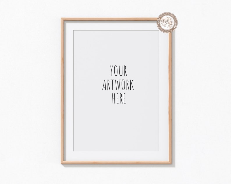May include: A light wood frame with a white mat and a white background. The text "YOUR ARTWORK HERE" is printed in black on the white background.