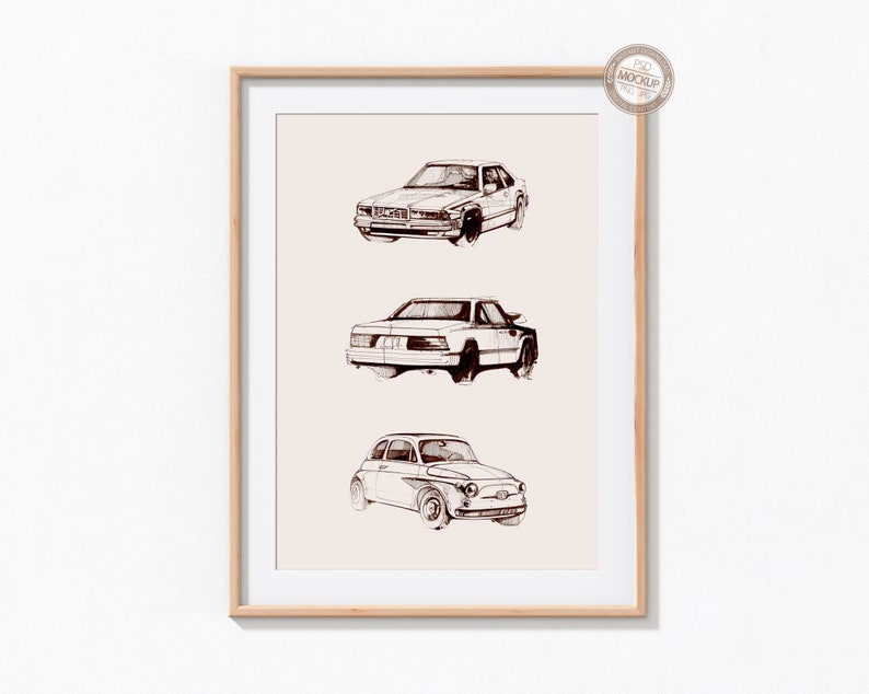 May include: A framed print of three vintage cars drawn in black and white ink. The cars are a sedan, a hatchback, and a small car. The print is on a light beige background.