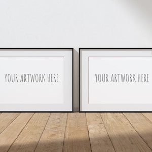 A4 A3 A2 A1 Zweier-Set, Horizontaler Schwarzer Rahmen Mockup für Ihr Kunstwerk, Set von 2 Landschaftsrahmen, Lager digitale Kunst, PSD + PNG + JPG