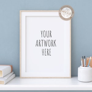 A4, A3 Portrait White Frame Mockup, Thin Frame, Digital Styled Frame on an Office Desk, Blue Wall,Stock Photography Mock Up, PSD + PNG + JPG