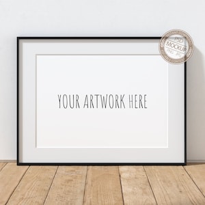 May include: A black picture frame with a white mat and a white background. The text "YOUR ARTWORK HERE" is printed in black on the white background.