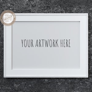 A4 A3 A2 Landscape Thin Frame Mockup for Your Artwork, White Digital Frame on Black Background, Stock Photography, PSD + PNG + JPG