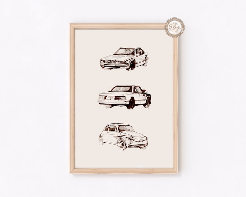 May include: A framed print of three vintage cars drawn in black and white ink. The cars are a Volvo, a BMW, and a Fiat.