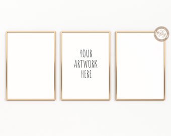 A4 A3 A2 A1 Set of Three Gold Vertical Frames Mockup,Set of 3,White Background, Portrait Mock Up,Digital Item,Stock Photo,PSD+PNG+JPG