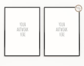 May include: Two black framed pictures with white mats hanging on a white wall. The text "YOUR ARTWORK HERE" is printed in black on each picture.