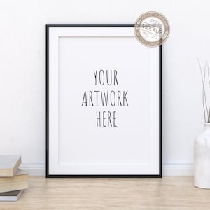 A4, A3 Portrait Black Frame Mockup, Thin Frame, Digital Styled Frame on a Wooden Desk, White Wall,Stock Photography Mock Up, PSD + PNG + JPG