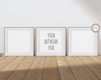 Set of Three, Square White Frame Mockup, Digital Frame Mock Up,Set of 3, Empty Background, Wood Floor Mockup,Stock Photo Mock Up,PSD+PNG+JPG