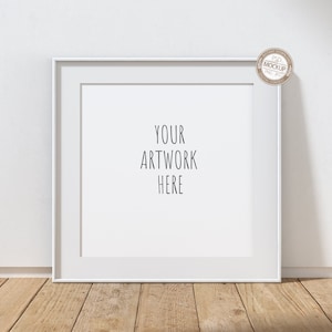 Square White Frame Mockup, Thin Digital Frame Mock Up, Neutral Empty Background, Wooden Floor Mockup, Stock Photography Mock Up, PSD+PNG+JPG