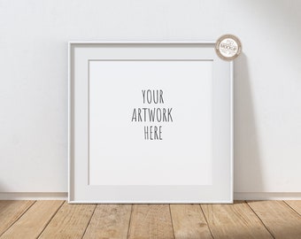 Square White Frame Mockup, Thin Digital Frame Mock Up, Neutral Empty Background, Wooden Floor Mockup, Stock Photography Mock Up, PSD+PNG+JPG