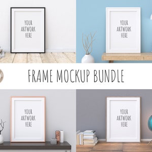 May include: A mockup bundle of four different picture frames in various colours and styles. Each frame has a white background and the text "YOUR ARTWORK HERE" in black.