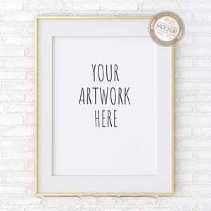 3:4 Gold Frame Mockup, Portrait Thin Frame, Digital Styled Gold Metallic Frame on Brick Wall, Stock Photography Mock Up, PSD + PNG + JPG