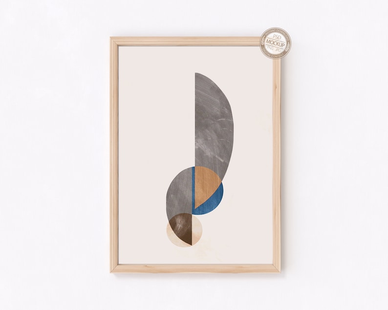 May include: A framed print with an abstract design featuring overlapping circles in shades of gray, blue, brown, and beige.