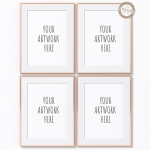 May include: Four square white frames with rose gold trim, each with the text "YOUR ARTWORK HERE" inside.