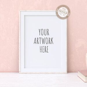 A4, A3 Portrait Wooden Frame Mockup, Thin Digital Styled Frame on an White Desk, Salmon Pink Wall, Stock Photography Mock Up, PSD+PNG+JPG