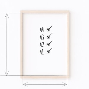 May include: A white framed poster with a checklist of paper sizes, A1, A2, A3, and A4, with checkmarks next to each size.