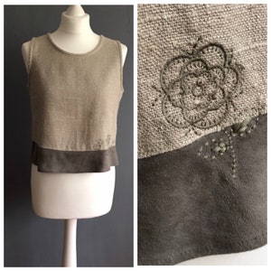 Vtg Imperial LANDHAUS Linen and Suede Top, Beige Embroidered Folk Blouse, Bavarian Dirndl Blouse,  Trachten Dirndl Top, Size 36