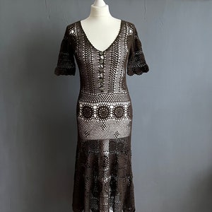 Vintage Noa Noa Hand Crocheted Dress, Bohemian Chocolate Brown Knitted See Through Midi Maxi Dress, Sexy Great Gatsby Dandy Dress, Size S-M