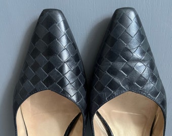 Escarpins chaton motif échecs en cuir Peter Kaiser VTG des années 90, escarpins vintage à imprimé carré, chaussures entrelacées grises et noires, taille UK 5, 38