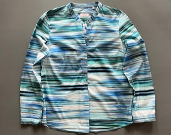Vtg Emily Van Den Bergh Womens Blouse Shirt Long Sleeve Collarless Half-Buttoned Shirt Striped Blue Turquoise Gray White Cotton Top Size M