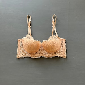 Vintage La Perla Mesh Lace Balcony Bra, Beige Half Cup Bralette, Floral Embroidery Bustier, Opaque Lightly Padded Cup Zipper Bra, 75B 34B