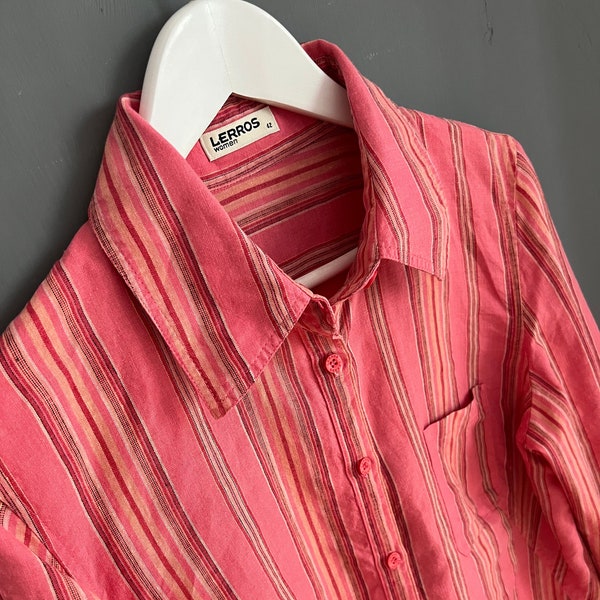 Vintage Lerros Women Linen Shirt, Striped Pink Red and Beige Boxy Top, Button Up One Chest Pocket Slide Slits Long Sleeve Blouse, Size M-L