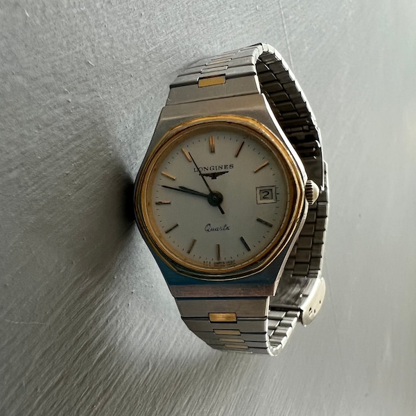 Vintage 1980’s Longines Quartz 111 Swiss 1630 Bi-Metal Lady Watch, Stainless Steel and Gold Plating Battery Calendar Switzerland Wrist Watch