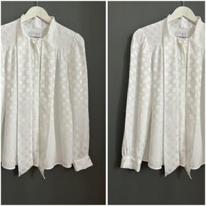 Vtg Sweet Romantic Bow Blouse White Polka Dot Satin Ladies Shirt Puffed Long Sleeve Buttoned Top Secretary Party Elegant Retro Vibe Sz L