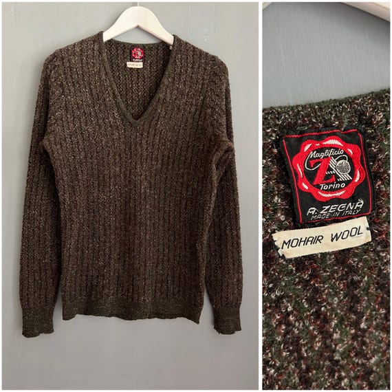 Ermenegildo Zegna, Vtg A.Zegna Maglificio Torino Made in Italy Sweet Mohair Wool Sweater Khaki Brown Black Boucle Pullover V-Neck Long Sleeve Warm Unisex M-L