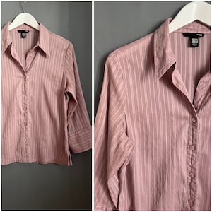 Vtg H&M Blouse Powder Dusty Pink All Cotton Textured Fabric Ladies Shirt Collared Buttoned 3/4 Sleeve Top Summer Breathable Retro Vibe Sz L