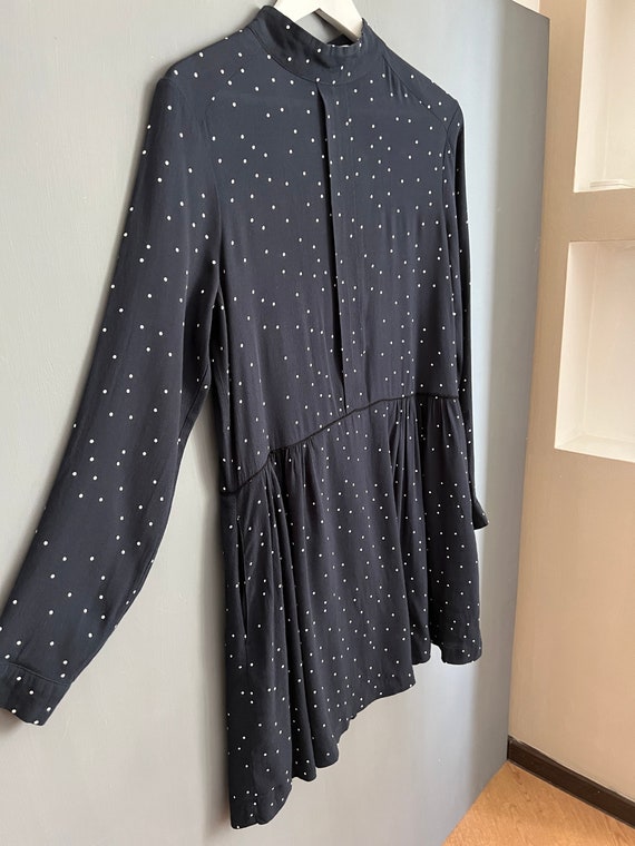 GANNI 1621 Rosemont Crepe Mini Dress Navy Blue and White Polka Dot Crepe Viscose Dress Relaxed Fit Long Sleeve Boxy Designer Dress 38 M