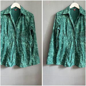 Vtg Sweet Turquoise Blouse Abstract Print Cotton Ladies Shirt Collared Split Neck Long Sleeve Buttoned Top Casual Grandma Retro Vibe Sz L-XL