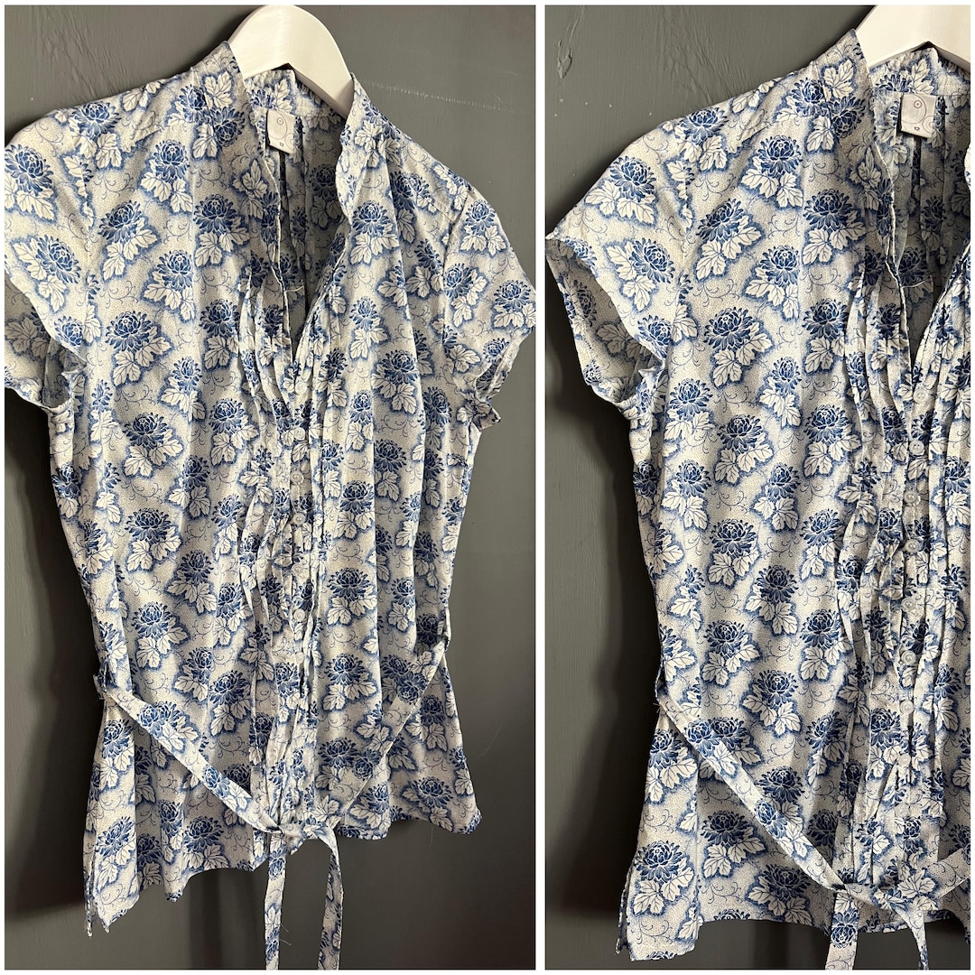 トップス 19th Floral Cotton Blouse Vtg Romantic Floral Print Blouse Baby Blue White All Cotton