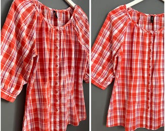 Vtg Checkered Blouse Orange Purple Black White All Cotton