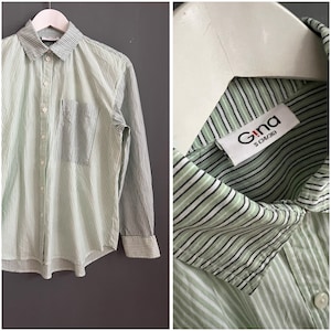 Blusa vintage de patchwork dulce de algodón a rayas blancas y grises para mujer, camisa con cuello abotonado, manga larga, un bolsillo de parche en el pecho, top informal talla S