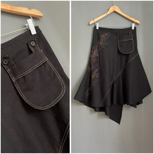 VTG Made in France Jupe midi déconstruite asymétrique noir marron beige Imprimé surpiqûres contrastées Jupe en lin et coton Poche amovible S-M