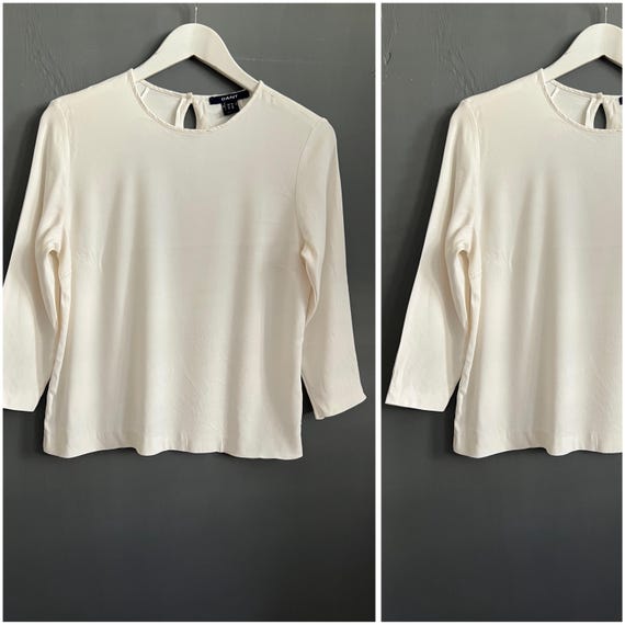 Gant, Vintage Gant Blouse Ivory Egg Shell Ladies Shirt Back Buttoned Elegant Cocktail Party S-M