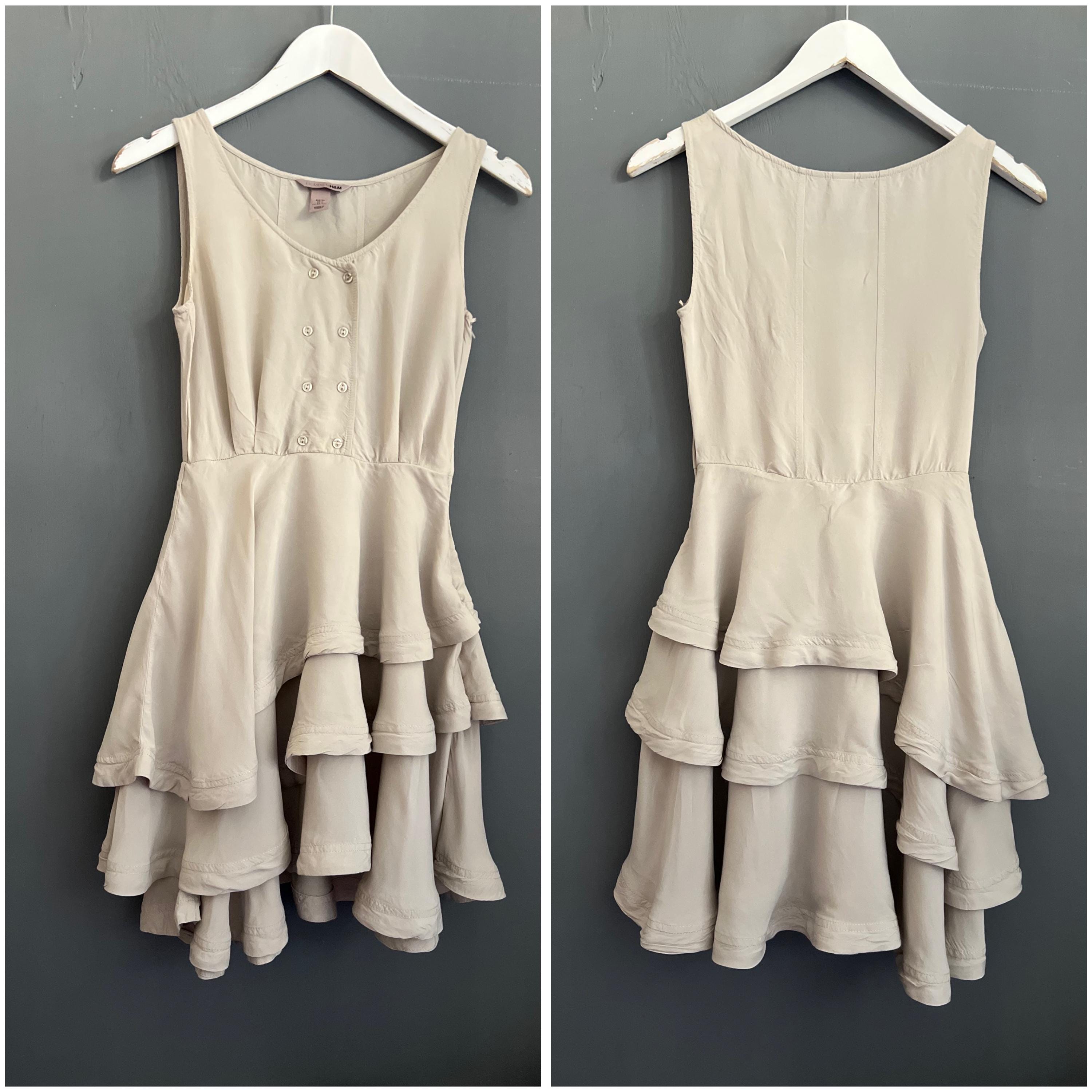 H&M, Vintage H&M Boho Chic Tiered Mini Dress Light Gray Viscose Sleeveless Summer Light Breathable Size XS