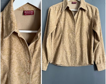 Vintage Biaggini Corduroy Velvet Blouse Beige Camel Block Print Cotton Women’s Shirt Collared Long Sleeve Buttoned Top Retro Boho Vibe Sz M