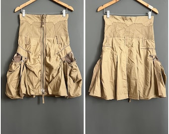 Vtg 1990’s Marithe Francois Girbaud Extra High Waist Layered Balloon Skirt Beige Patchwork Cotton Skirt Front Zipper Patch Side Pockets Sz M