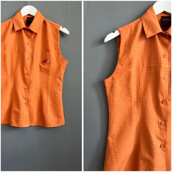 Mammut, Vtg Mammut Made in Portugal Blouse Orange Red Polyester Embroidered Elephant Ladies Shirt Collared Sleeveless Buttoned Top Outdoor Hiking S