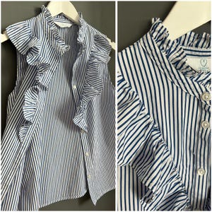 Vtg Romantic Frill Blouse Blue & White Striped All Cotton Ladies Shirt Sleeveless Ruffle Collar Buttoned Top Summer Breathable Resort Sz S