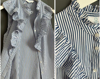Chemisier romantique VTG à rayures bleues et blanches tout en coton pour femme, sans manches, col à volants, haut boutonné, été respirant Resort Sz S