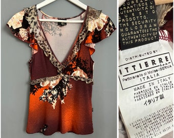 Vtg Y2K Just Cavalli Top Floral & Animal Leopard Print Orange Black Brown Beige Women’s Shirt Frill Butterfly Sleeve Designers Blouse Sz S