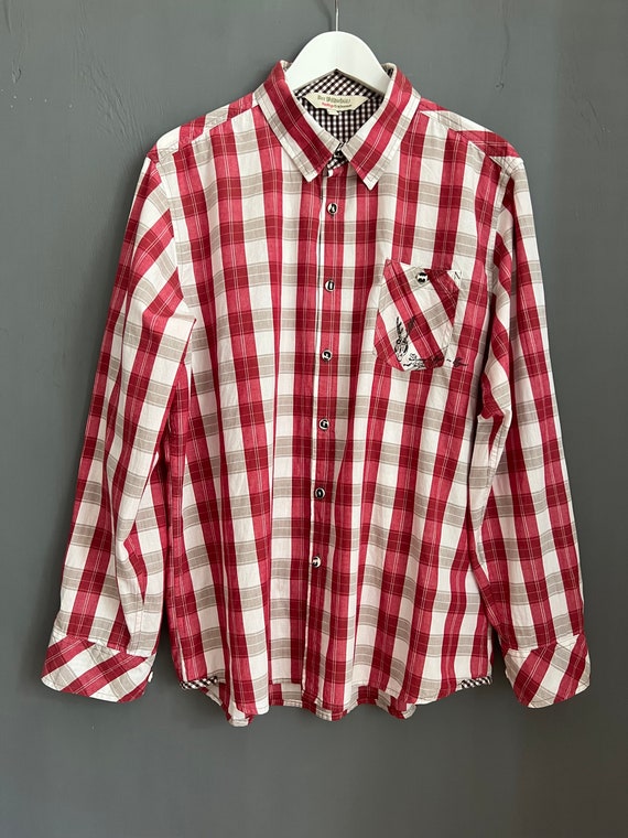 Vtg Der Wildschütz Trachten Shirt, Red White Gray Plaid