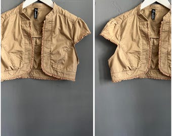 Vtg Sweet Romantic Bolero Beige Cotton Ladies Top Ruffled Puffed Short Sleeve Stand Collar Crop Girly Feminine M-L