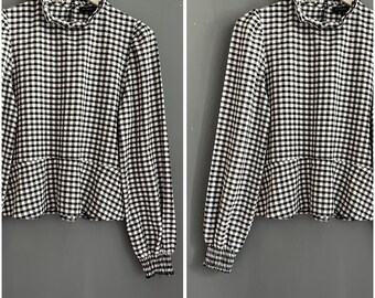 Blusa vintage de cuadros vichy, dulce y romántica, de algodón blanco y negro, para mujer, con cuello vasco y volantes, manga larga, estilo retro informal, regalo para ella S