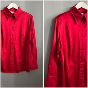 Vtg Basler Satin Blouse Scarlett Red Polyester Ladies Shirt Collared Long Sleeve Button Up Top Party Evening Elegant Feminine Formal Sz XL