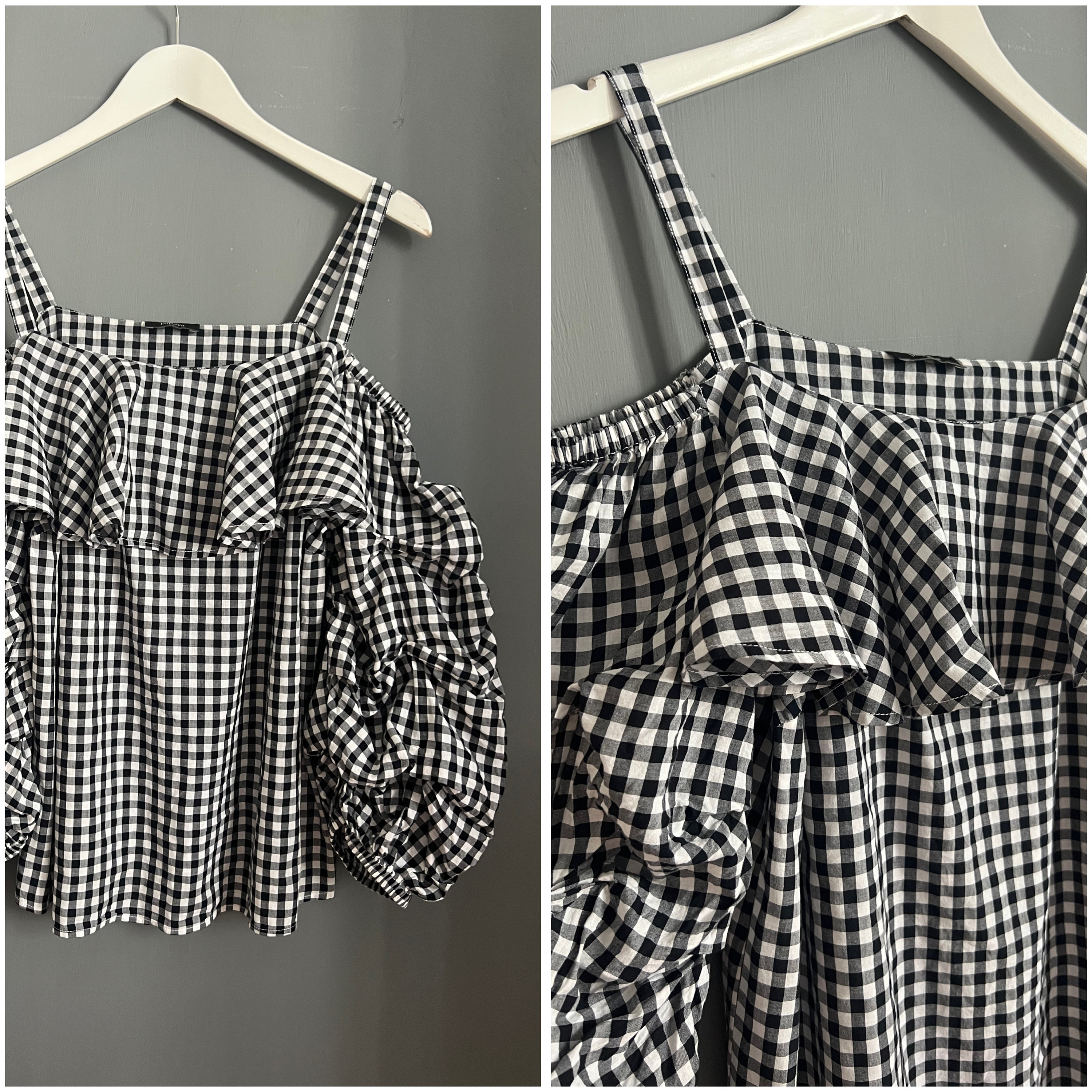 Vtg Gingham Cold Shoulders / Off-shoulder Shirring Blouse Black 